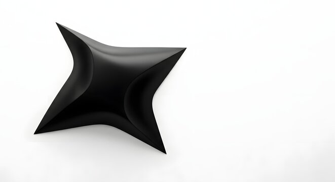 A sleek, black, four-pointed sculptural object resembling a shuriken, isolated on a plain white background. - Powered by Adobe