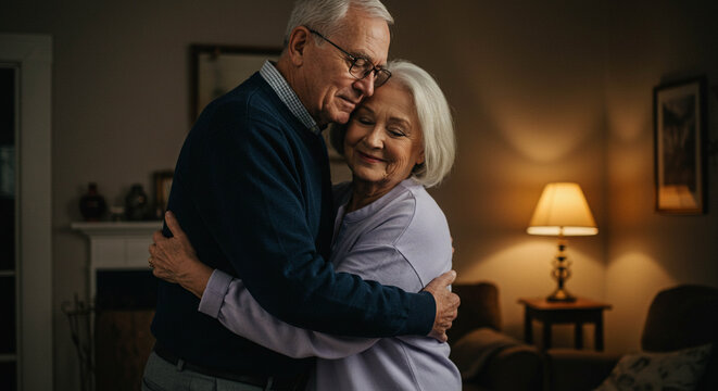 An elderly couple embraces tenderly indoors, captured in a loving moment showcasing the warmth of a comfortable home. The scene highlights enduring love, intimacy.