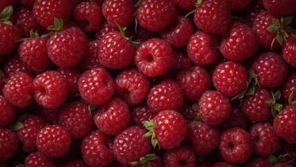 A close-up view of numerous fresh raspberries, showcasing their vibrant red color and textured skin.