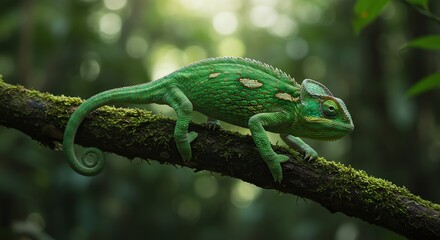 Fototapeta premium Green chameleon on branch in lush forest