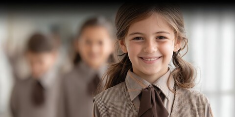 Smiling schoolgirl in uniform stands in school corridor