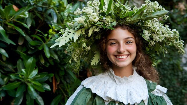 Smiling Girl Wearing Flower Crown in Green Dress - Powered by Adobe
