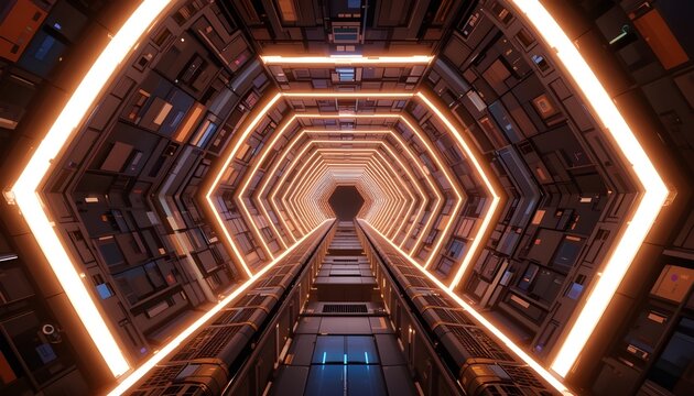 A futuristic and symmetrical view of a high-tech tunnel or corridor, with a glowing hexagonal shape in the center and vibrant neon orange light strips running along the walls, giving a sense of speed  - Powered by Adobe
