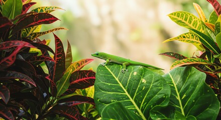 Green gecko on leaf with colorful foliage