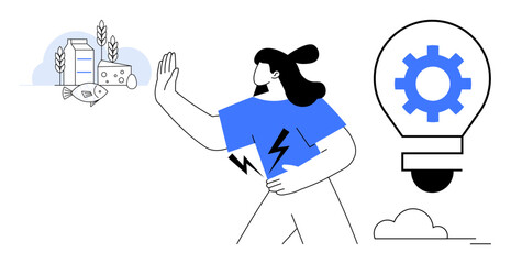 Woman holding her stomach and raising her hand in refusal near milk, cheese, fish, and wheat, indicating food allergies light bulb with gear for innovative ideas. Ideal for health, nutrition