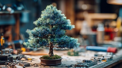 Close up of a bonsai tree in a brown pot on a workbench surrounded by tools and metal components