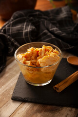 Chongos Zamoranos. A Mexican dessert made from curdled milk prepared with syrup and cinnamon, it has a consistency similar to that of a soft, sweet cheese. They are homemade and also available canned.