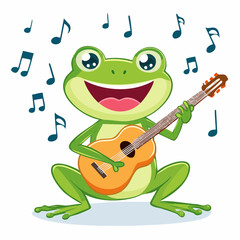 Singing Frog Musician: A cheerful illustration portrays a lively frog enthusiastically playing guitar amid a cascade of musical notes, exuding joy and rhythm.