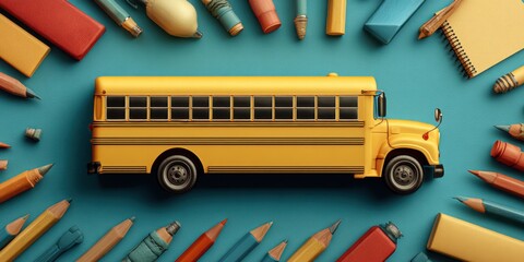 Yellow school bus surrounded by pencils and stationery items on blue background