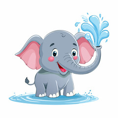 Playful Elephant in Water: A happy baby elephant is enjoying a splash in the water, spraying water with its trunk, creating a whimsical and cheerful scene perfect for conveying fun and joy.
