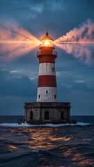Fototapeta premium Illuminated Lighthouse Standing Firm Against the Dark Ocean Sky Striking Maritime Beacon Guiding Ships Through the Night Powerful Coastal Landmark and Navigation
