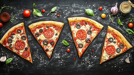 Delicious Pizza Slices with Pepperoni and Olives on a Dark Background, a Culinary Masterpiece for Food Lovers