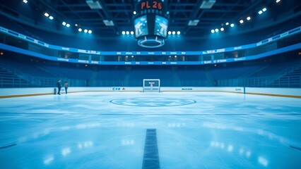 Empty ice rink with cold blue tones and blurred stadium seating, creating an atmospheric arena scene.