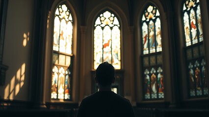 Obraz premium Tranquil church interior with stained glass light, highlighting a person in quiet reflection amid warm ambiance.