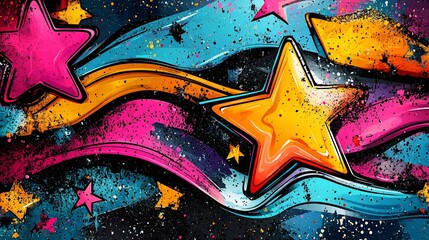Colorful Starry Night Abstract Painting with Splatter Effect and Vibrant Color Palette