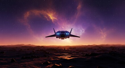 Futuristic Sci-Fi Spaceship Soaring Through Dramatic Sunset Sky Over Alien Landscape.