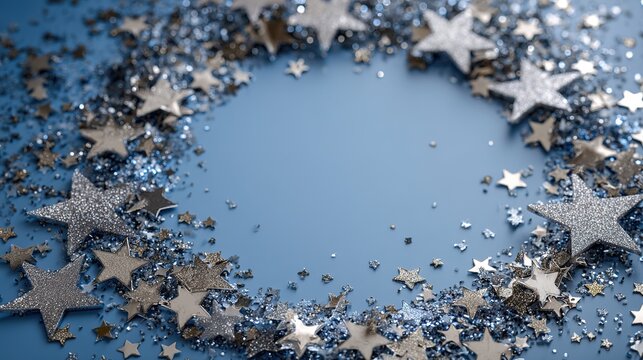 Congratulatory Spirit on Independence Day USA. Top View of Glittering Stars and Shiny Confetti Against Soft Blue Backdrop with Blank Circle for Text or Advert.