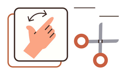 Hand swiping motion with arrows alongside scissors emphasizing cutting and action concepts. Ideal for touch gestures, interface design, editing, precision, simplicity, technology, efficiency