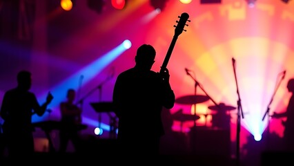 Obraz premium Artistic composition of musical instrument silhouettes against a vibrant sunset-colored backdrop.