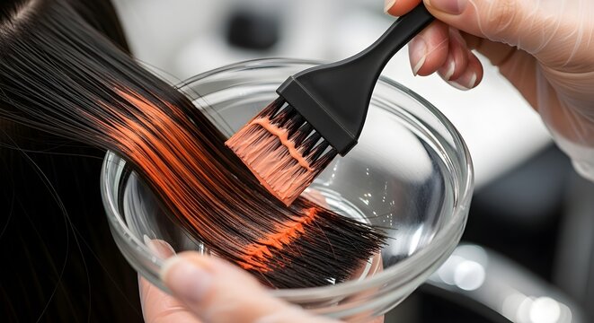 Detailed close-up captures a stylist applying vibrant peach color dye to dark hair using a black brush and glass bowl in a professional salon setting.