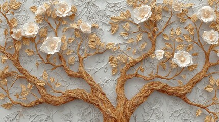 Elegant 3D Floral Background Featuring Golden Tree Roots with Stucco Stems and Leaves. Golden Tree Roots with Stucco Stems and Leaves An elegant 3D floral background.