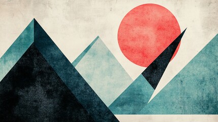 Geometric mountain landscape with a rising sun abstract illustration