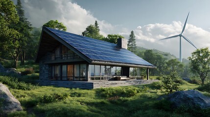 Obraz premium Eco-friendly cabin with solar panels and wind turbine nestled in a lush green forest landscape