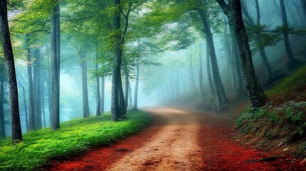 Mystical Pathway, Serene Forest Scene with Foggy Atmosphere and Vibrant Colors
