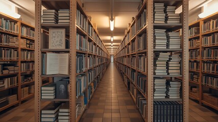 Obraz premium Library aisle perspective view with wooden shelves and books offering a vast collection for research and learning