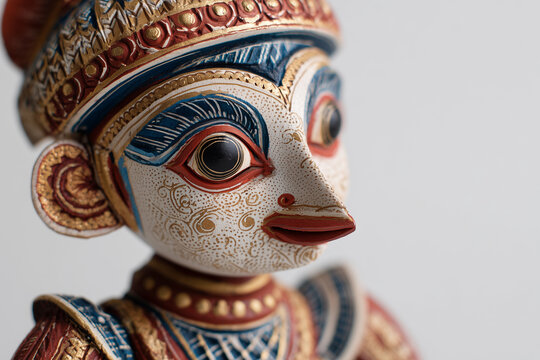 Painted wooden puppet head with intricate details