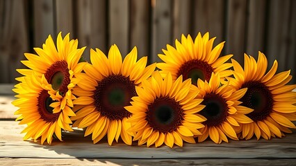 Obraz premium Sunflowers resting on weathered wood, bathed in warm golden sunlight with a softly blurred background.