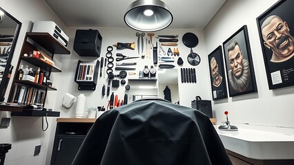 A neatly organized barber station with tools, soft lighting highlighting the professional setup.