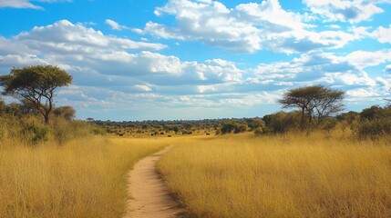 Scenic pathway through tanzanian grassland under a blue cloudy sky
