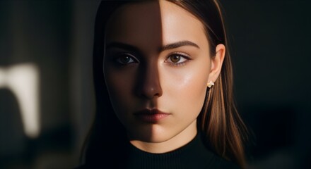 Cinematic close-up portrait of a young woman staring intensely, utilizing dramatic split lighting for a moody, high-contrast look against a dark background.