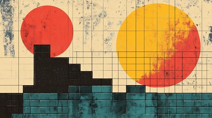 Abstract tiled landscape with suns and stepped architectural forms