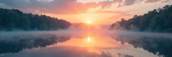 Obraz premium Serene sunrise over a tranquil lake, mist rising, soft light illuminating the scene Perfect for themes of peace, mindfulness, and gentle spirituality , mindfulness, lake