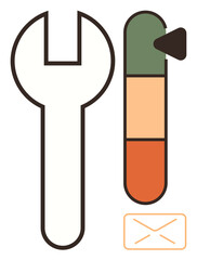 Wrench beside a multicolor progress bar and envelope icon signaling completion, repair, or update. Ideal for maintenance, progress tracking, system updates, notifications, toolkits, productivity