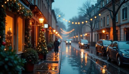 Fototapeta premium Rainy day, holiday decorations, festive spirit dampened by weather Perfect for blogs about cozy holidays, seasonal depression, or unexpected weather , season, reflective, calm