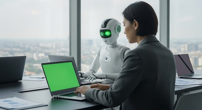 Futuristic Collaboration: Robot and Human Working Together in Modern Office - Powered by Adobe