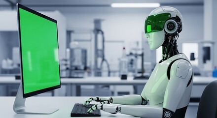 Futuristic Robot Working at Green Screen Computer in Lab
