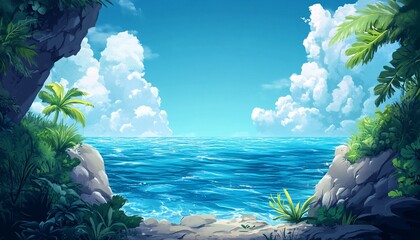 The illustration shows a picturesque scene of a calm ocean viewed from between two rocky outcrops covered in vibrant green tropical foliage, under a partly cloudy sky.