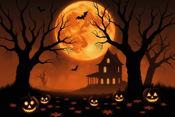Halloween night scene with full orange moon spooky house carved pumpkins and bats silhouettes