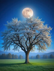 Luminous moonlight casting an ethereal glow on the branches of a majestic apple tree