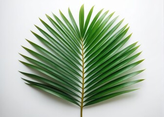 Detailed image of a single green palm leaf with intricate veins on a crisp white background