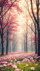 Soft pink misty forest with vibrant blooming flowers and delicate greenery