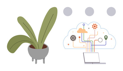 Potted plant beside cloud network connected to a laptop. Ideal for technology, sustainability, smart farming, innovation, IoT concept, environment, modern solutions. Simple flat metaphor