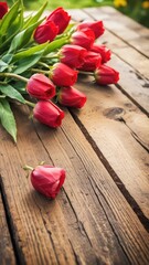 A rustic wooden table with red tulips and heart in a beautiful outdoor setting