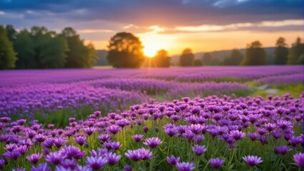 Small Purple Flower Field in Garden at Dusk with Latvian Nature Background