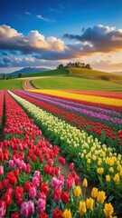 Vibrant tulip fields stretching across rolling hills