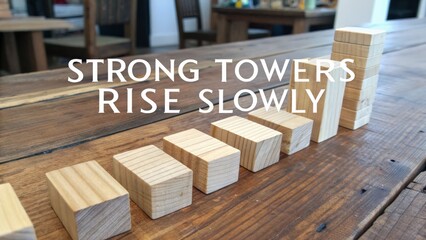 Conceptual visual of wooden blocks arranged in ascending order on wooden surface